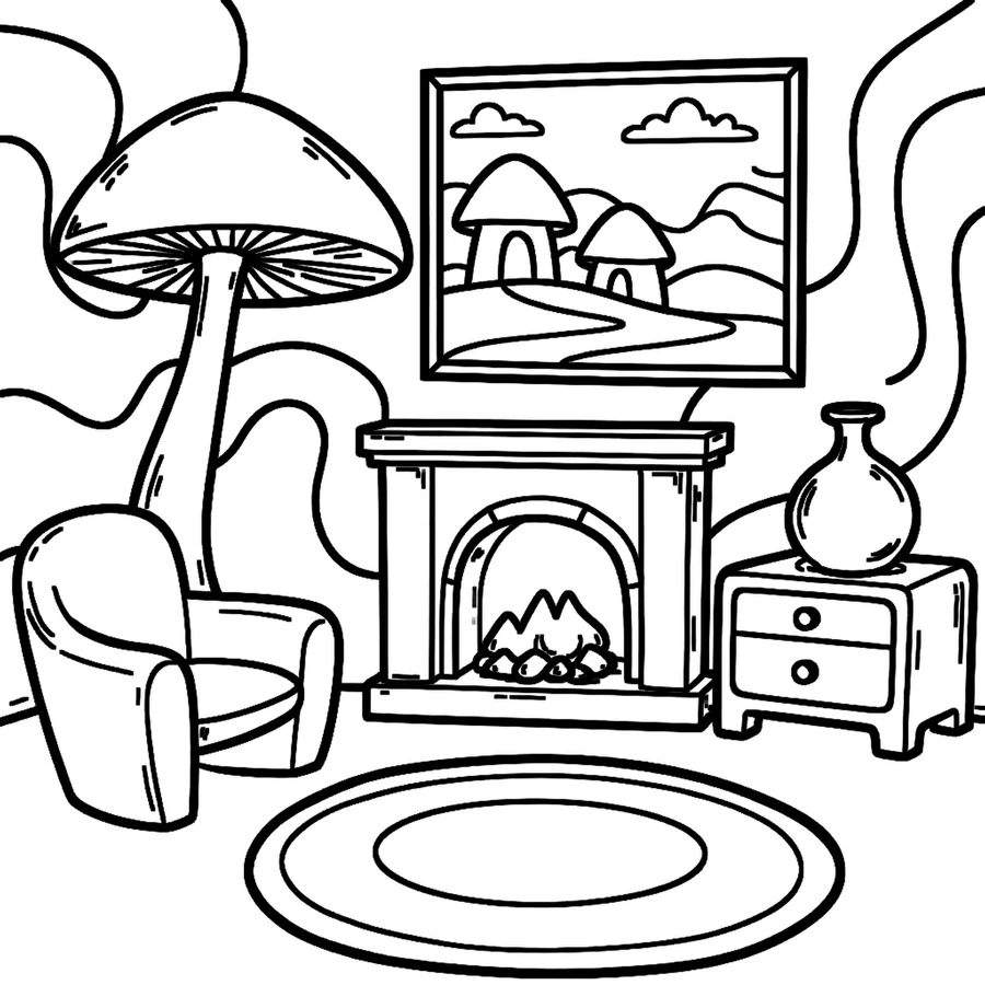 A cozy room inside a mushroom house