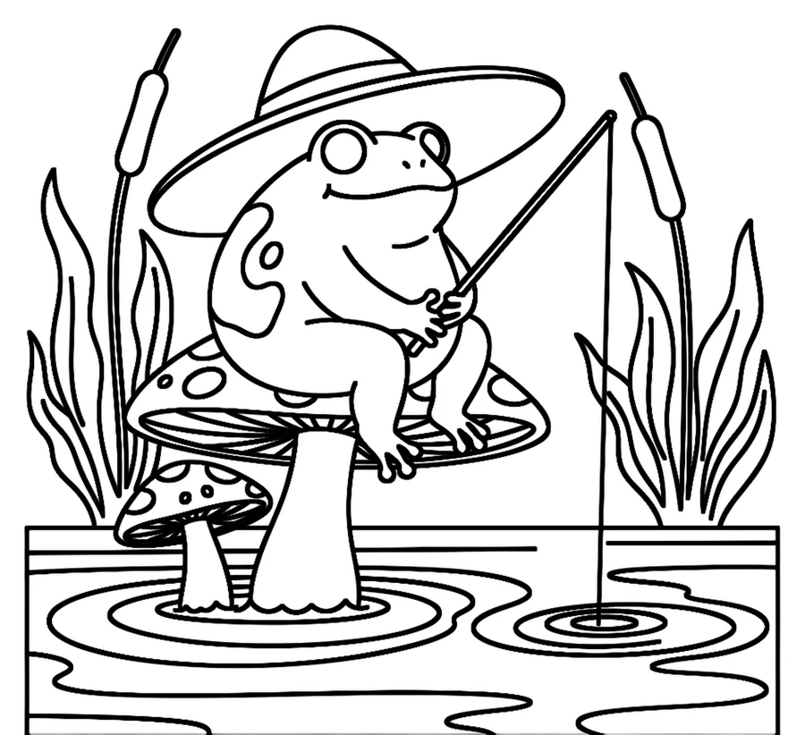 A frog fishing on a lily pad