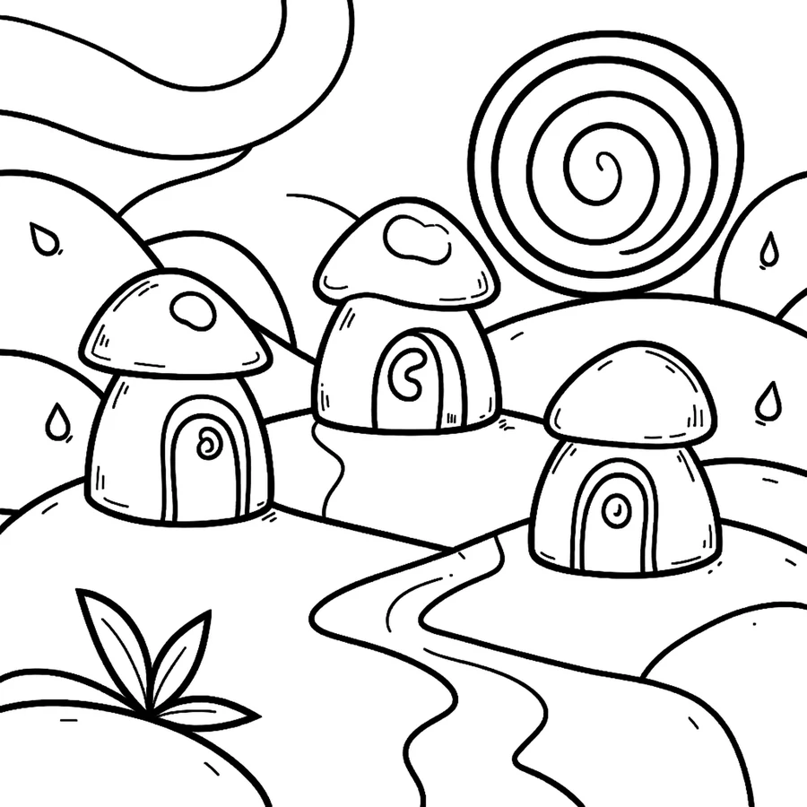 A mushroom village under a swirling sky